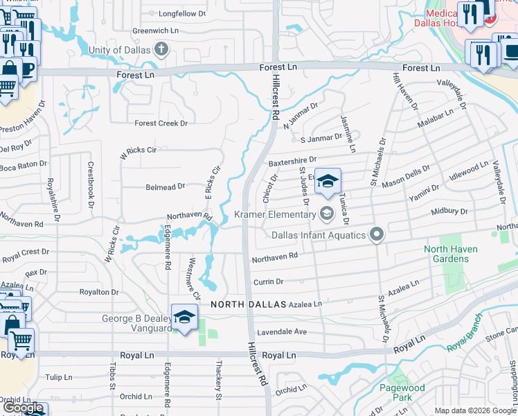 map of restaurants, bars, coffee shops, grocery stores, and more near 11325 Chicot Drive in Dallas