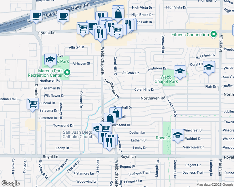 map of restaurants, bars, coffee shops, grocery stores, and more near 3245 Northaven Road in Dallas