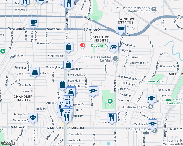 map of restaurants, bars, coffee shops, grocery stores, and more near 201 East Marguerita Drive in Garland