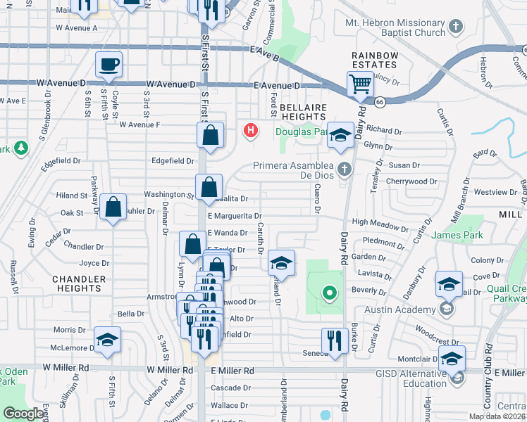map of restaurants, bars, coffee shops, grocery stores, and more near 201 East Marguerita Drive in Garland