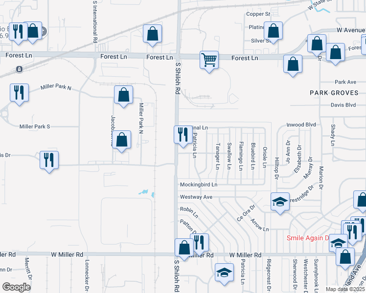 map of restaurants, bars, coffee shops, grocery stores, and more near 1221 Patricia Lane in Garland