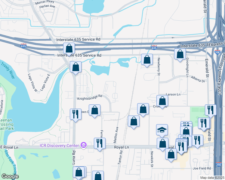 map of restaurants, bars, coffee shops, grocery stores, and more near 1901 Knightsbridge Road in Farmers Branch