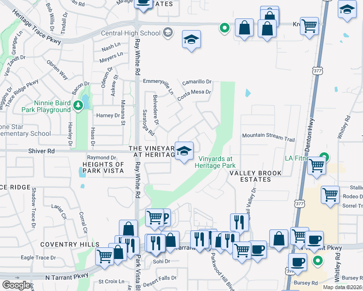 map of restaurants, bars, coffee shops, grocery stores, and more near 5313 Temecula Road in Fort Worth