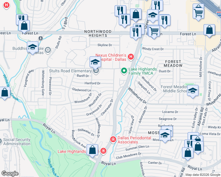 map of restaurants, bars, coffee shops, grocery stores, and more near 8741 Westfield Drive in Dallas