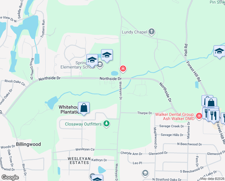 map of restaurants, bars, coffee shops, grocery stores, and more near 137 Braxton Drive in Macon