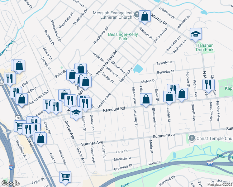 map of restaurants, bars, coffee shops, grocery stores, and more near 1245 Dickson Avenue in Hanahan
