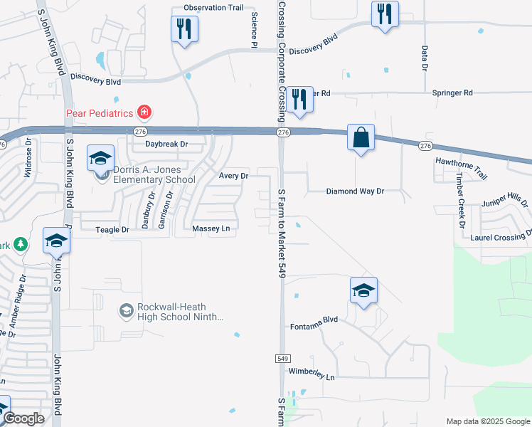 map of restaurants, bars, coffee shops, grocery stores, and more near 2110 New Holland Drive in Rockwall