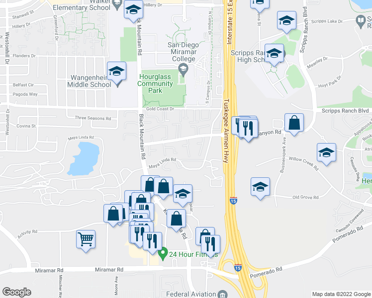 map of restaurants, bars, coffee shops, grocery stores, and more near 135 Caminito Jovial in San Diego
