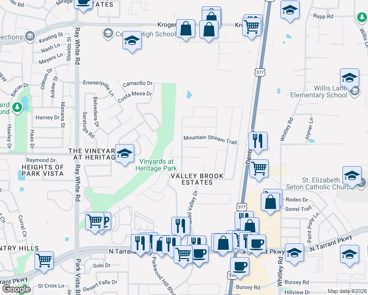 map of restaurants, bars, coffee shops, grocery stores, and more near 5377 Moon Flower Ct in Fort Worth