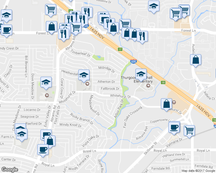 map of restaurants, bars, coffee shops, grocery stores, and more near 9641 Fallbrook Drive in Dallas