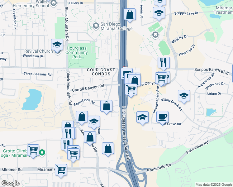 map of restaurants, bars, coffee shops, grocery stores, and more near 10151 Maya Linda Road in San Diego