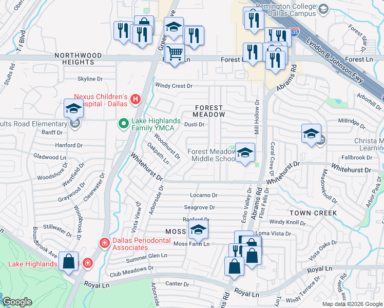 map of restaurants, bars, coffee shops, grocery stores, and more near 9235 Club Glen Drive in Dallas