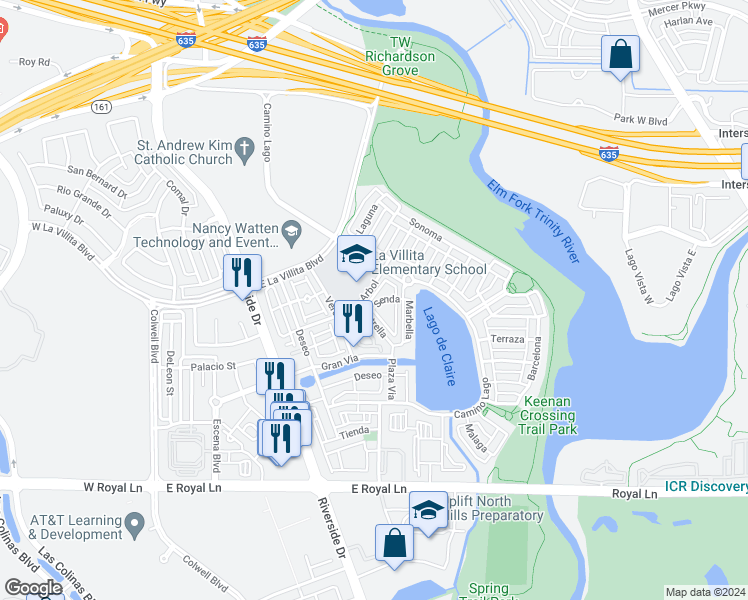 map of restaurants, bars, coffee shops, grocery stores, and more near 626 Arbol in Irving