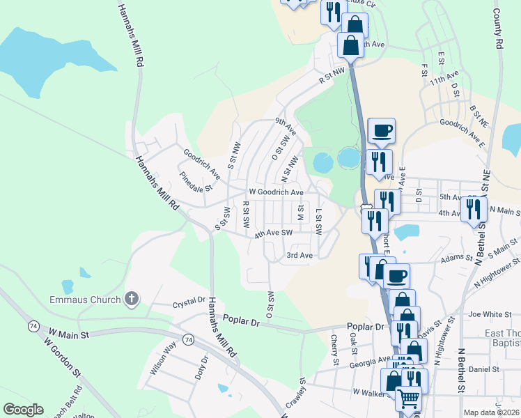 map of restaurants, bars, coffee shops, grocery stores, and more near 113 O Street Southwest in Thomaston
