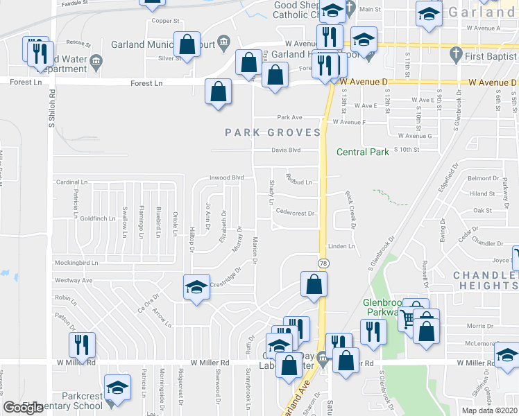 map of restaurants, bars, coffee shops, grocery stores, and more near 1214 Marion Drive in Garland