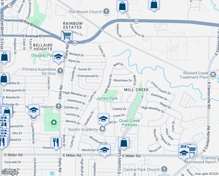 map of restaurants, bars, coffee shops, grocery stores, and more near 1302 Mill Crossing in Garland