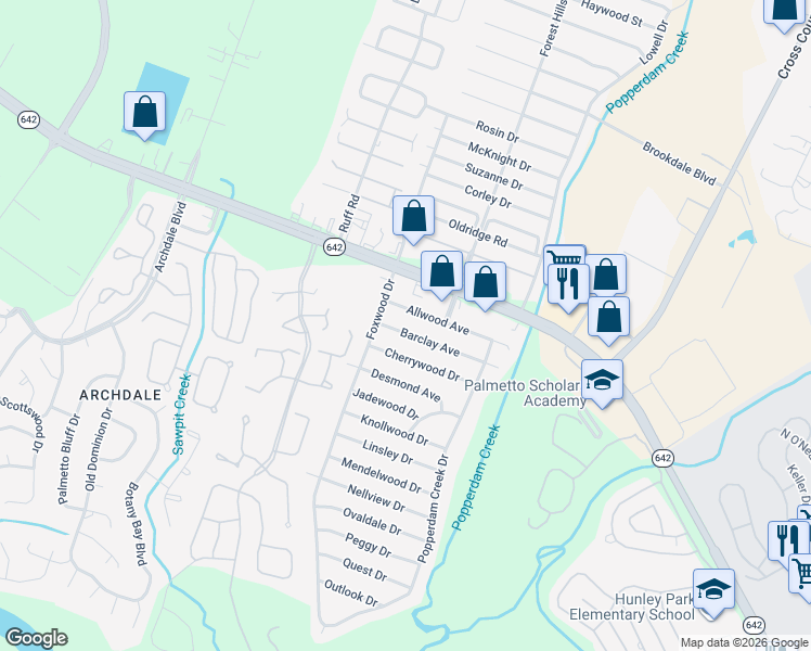 map of restaurants, bars, coffee shops, grocery stores, and more near 7736 Barclay Avenue in North Charleston