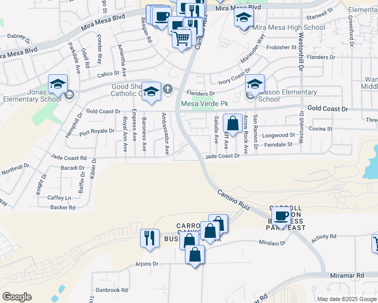 map of restaurants, bars, coffee shops, grocery stores, and more near 10178 Camino Ruiz in San Diego