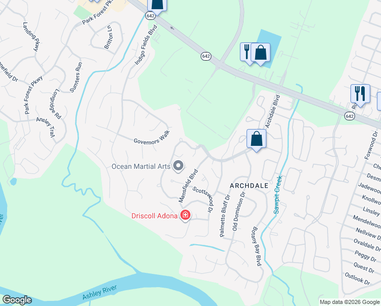 map of restaurants, bars, coffee shops, grocery stores, and more near 104 Excaliber Place in Charleston