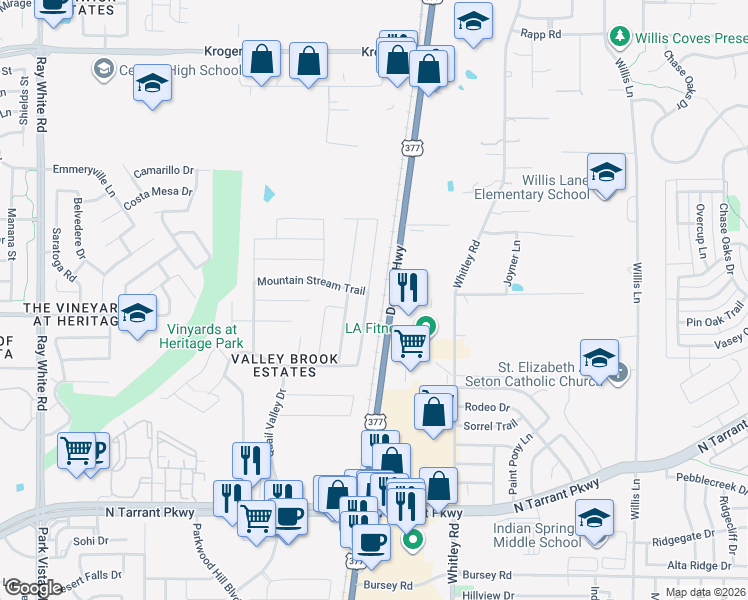 map of restaurants, bars, coffee shops, grocery stores, and more near 8940 Sun Haven Way in Fort Worth