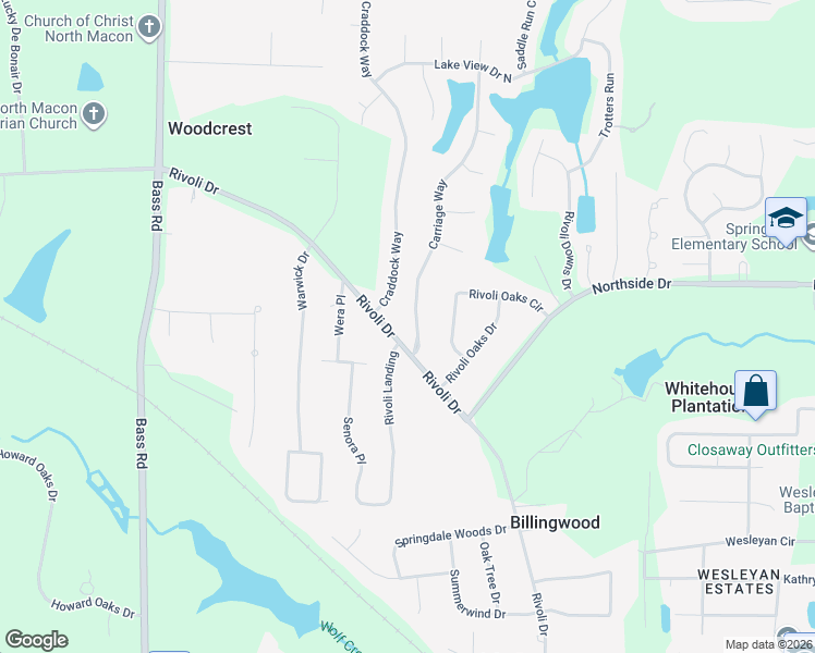 map of restaurants, bars, coffee shops, grocery stores, and more near 5359 Rivoli Drive in Macon