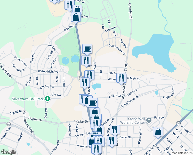 map of restaurants, bars, coffee shops, grocery stores, and more near 216 4th Avenue Southeast in Thomaston