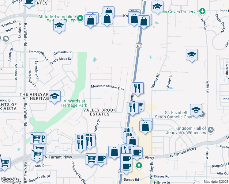 map of restaurants, bars, coffee shops, grocery stores, and more near 8907 Valley River Drive in Fort Worth