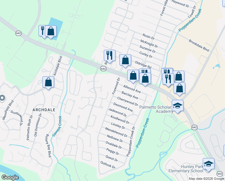map of restaurants, bars, coffee shops, grocery stores, and more near 4752 Foxwood Drive in North Charleston