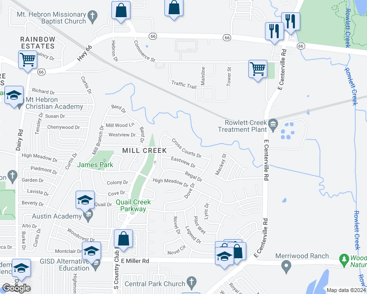map of restaurants, bars, coffee shops, grocery stores, and more near 1441 Cross Courts Drive in Garland