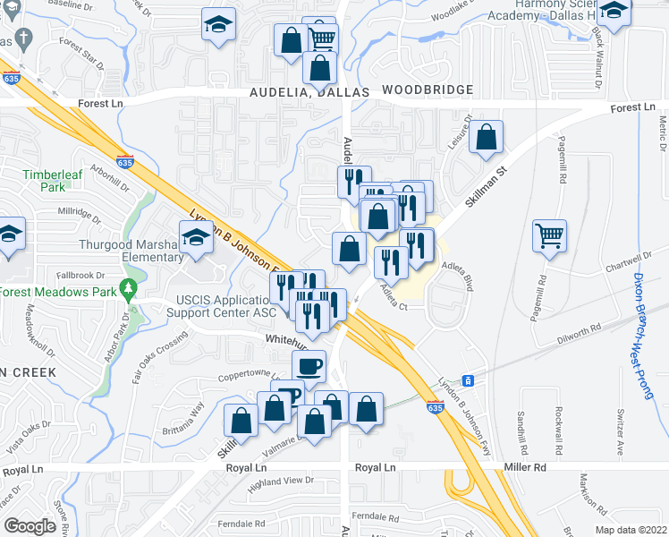 map of restaurants, bars, coffee shops, grocery stores, and more near 11311 Audelia Road in Dallas