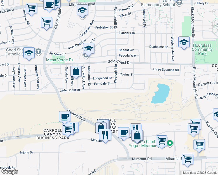 map of restaurants, bars, coffee shops, grocery stores, and more near 8708 Jade Coast Drive in San Diego