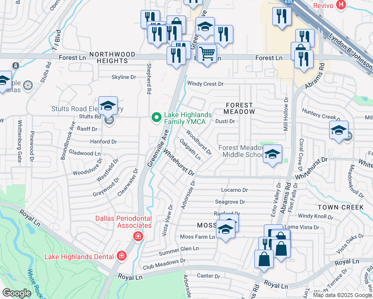 map of restaurants, bars, coffee shops, grocery stores, and more near 9026 Oakpath Lane in Dallas