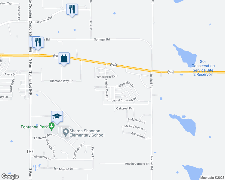 map of restaurants, bars, coffee shops, grocery stores, and more near 2230 Acacia Drive in Rockwall