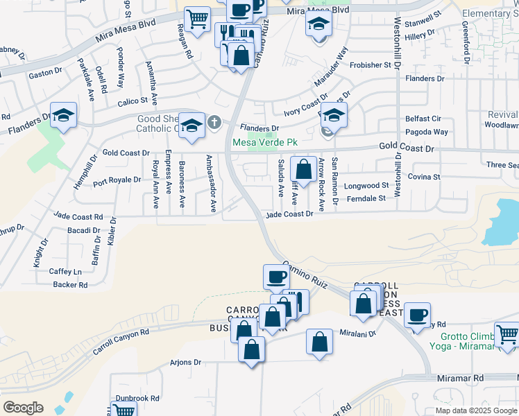 map of restaurants, bars, coffee shops, grocery stores, and more near 10151 Camino Ruiz in San Diego