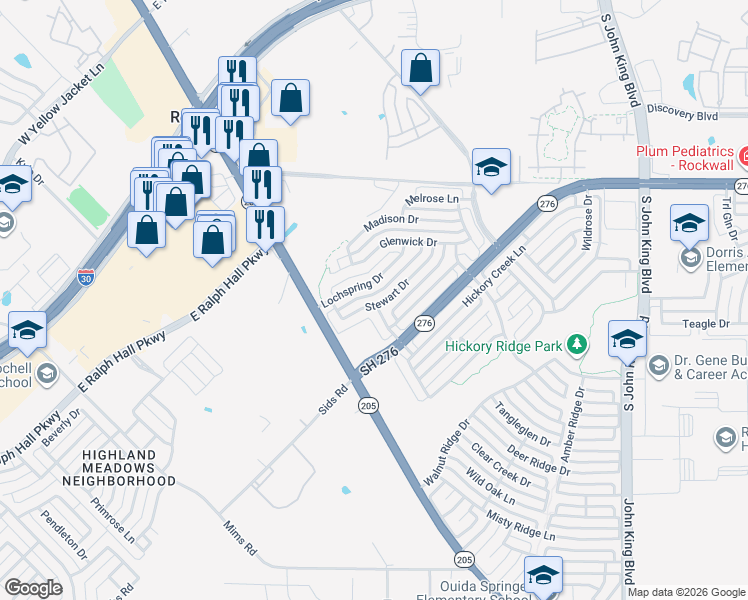 map of restaurants, bars, coffee shops, grocery stores, and more near 1430 Stewart Drive in Rockwall