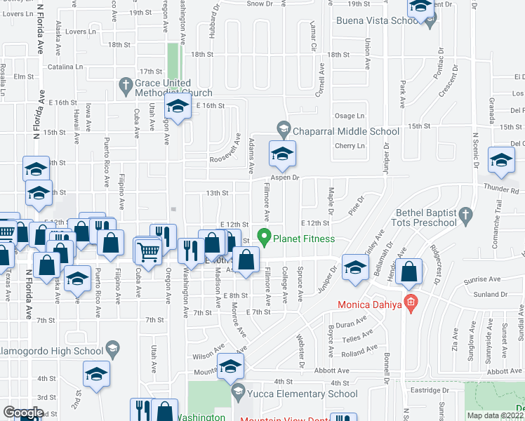 map of restaurants, bars, coffee shops, grocery stores, and more near 1301 Fillmore Avenue in Alamogordo