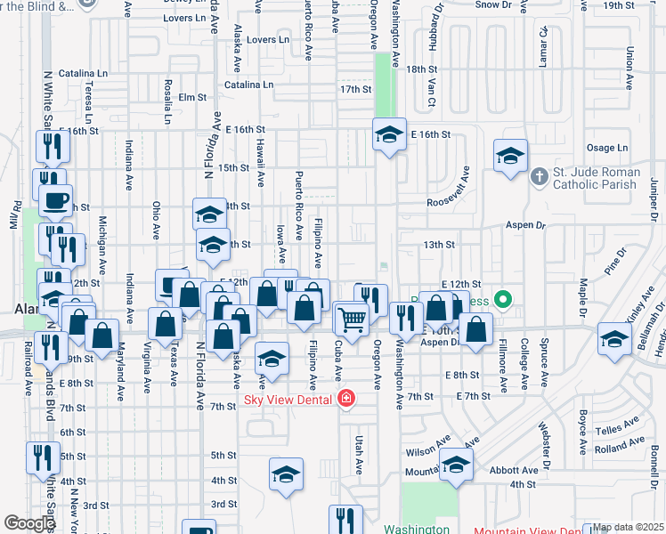 map of restaurants, bars, coffee shops, grocery stores, and more near 1207 Cuba Avenue in Alamogordo
