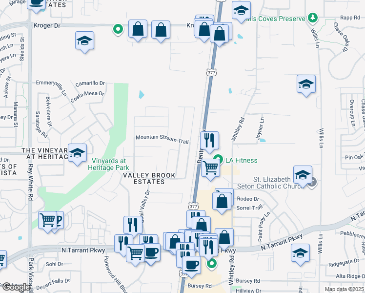 map of restaurants, bars, coffee shops, grocery stores, and more near 8936 Quarry Ridge Trail in Fort Worth