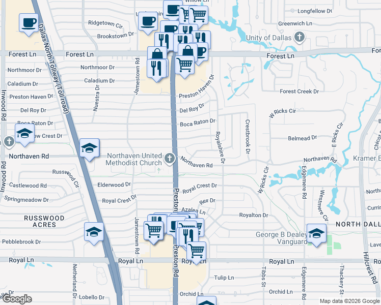 map of restaurants, bars, coffee shops, grocery stores, and more near 6119 Yorkshire Drive in Dallas