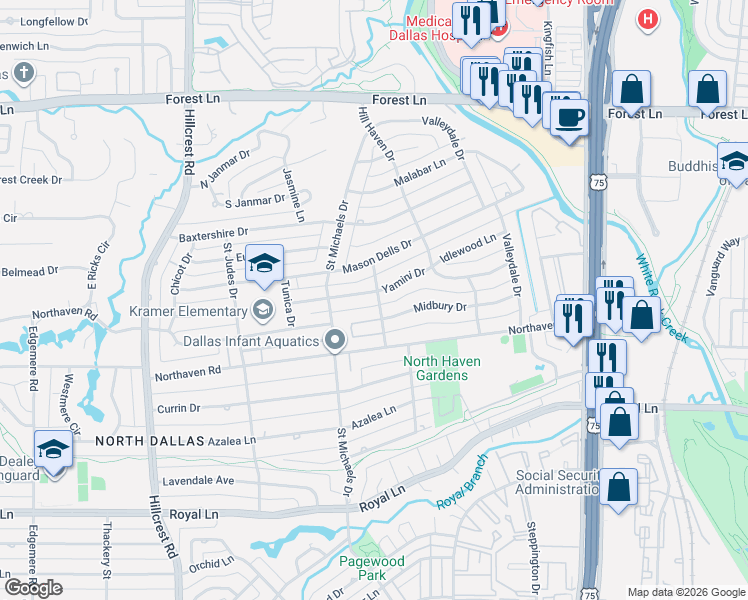 map of restaurants, bars, coffee shops, grocery stores, and more near 7430 Yamini Drive in Dallas