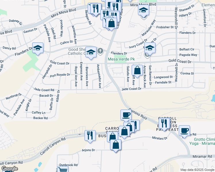 map of restaurants, bars, coffee shops, grocery stores, and more near 8225 Jade Coast Road in San Diego