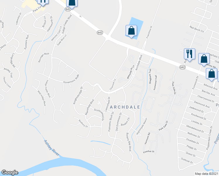 map of restaurants, bars, coffee shops, grocery stores, and more near 205 Chavous Lane in North Charleston