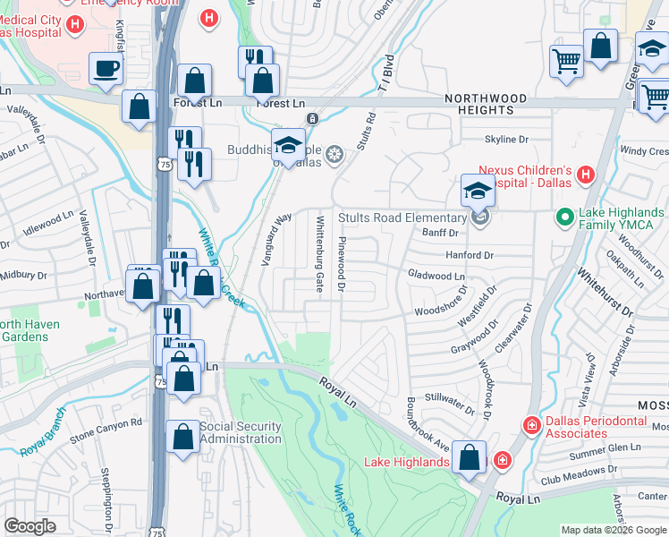 map of restaurants, bars, coffee shops, grocery stores, and more near 9231 Pinewood Drive in Dallas