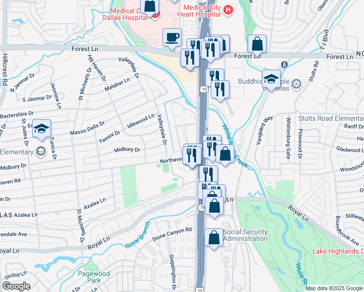 map of restaurants, bars, coffee shops, grocery stores, and more near 11231 Park Central Place in Dallas