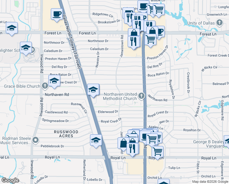 map of restaurants, bars, coffee shops, grocery stores, and more near 5815 Northaven Road in Dallas