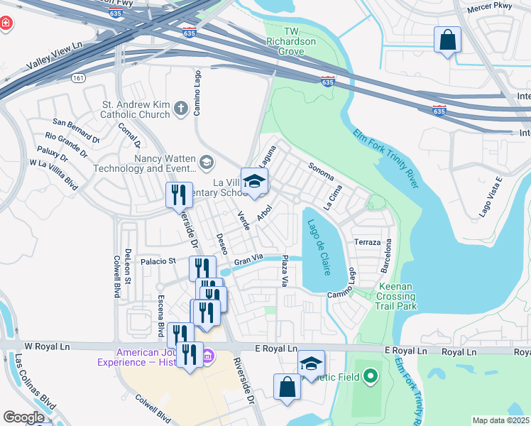 map of restaurants, bars, coffee shops, grocery stores, and more near 626 Arbol in Irving