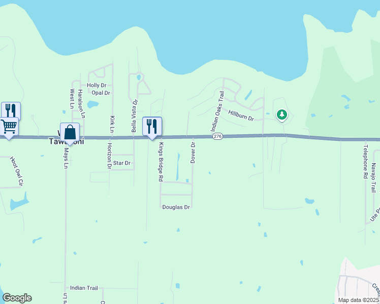 map of restaurants, bars, coffee shops, grocery stores, and more near 113 Dover Drive in West Tawakoni