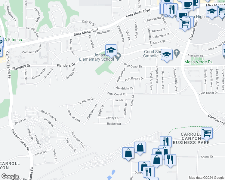 map of restaurants, bars, coffee shops, grocery stores, and more near 10161 Hendricks Court in San Diego