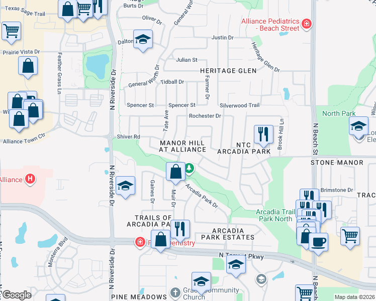 map of restaurants, bars, coffee shops, grocery stores, and more near 3912 Shiver Road in Fort Worth