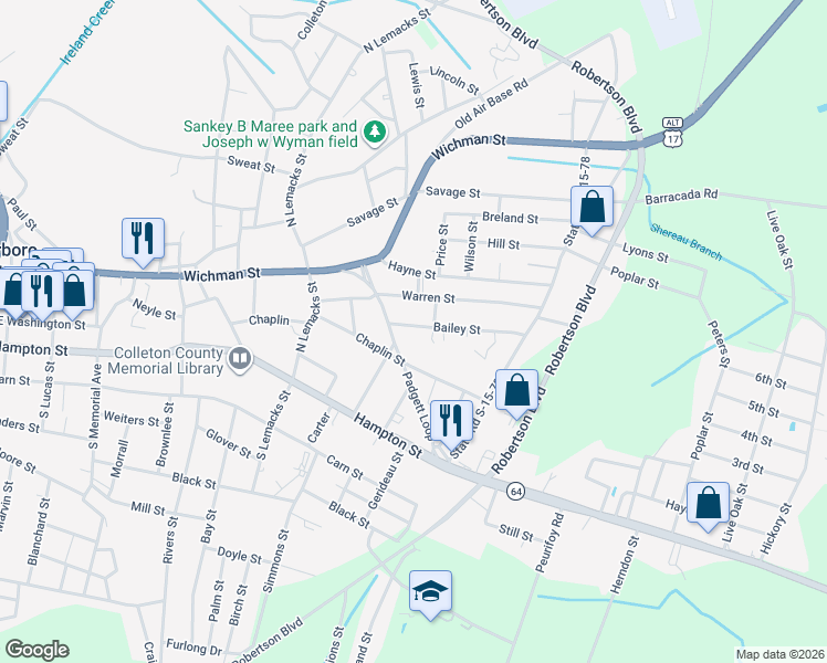map of restaurants, bars, coffee shops, grocery stores, and more near 112 Bailey Street in Walterboro